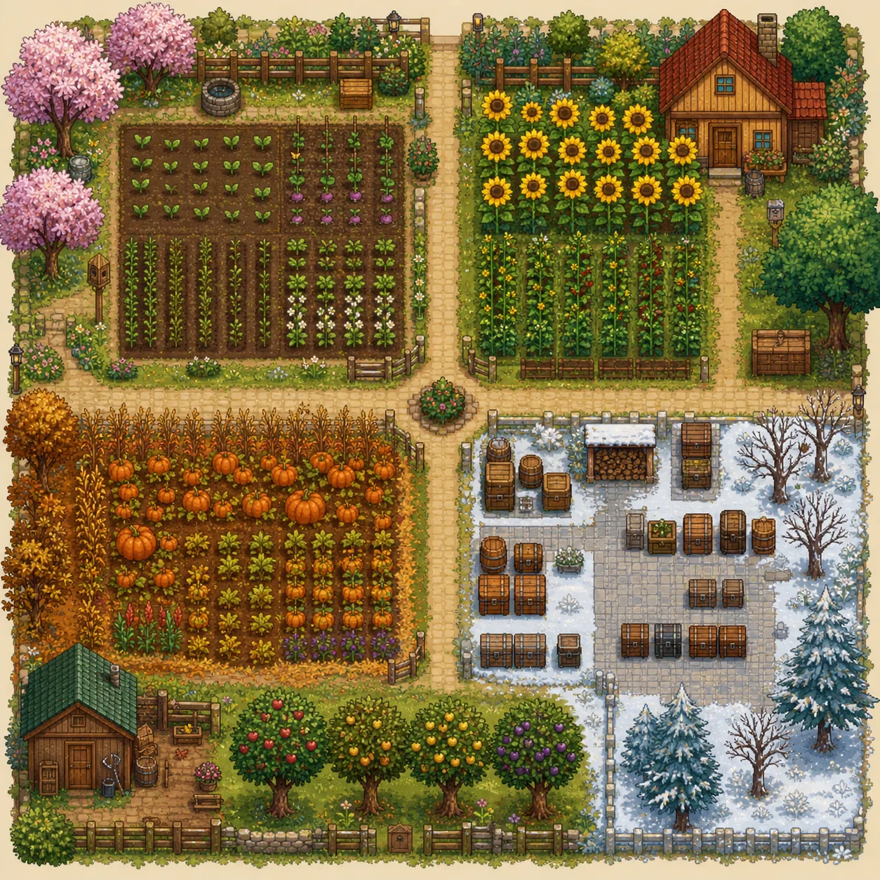 Editorial concept illustration showing a Stardew Valley farm layout with spring, summer, fall and winter production zones
