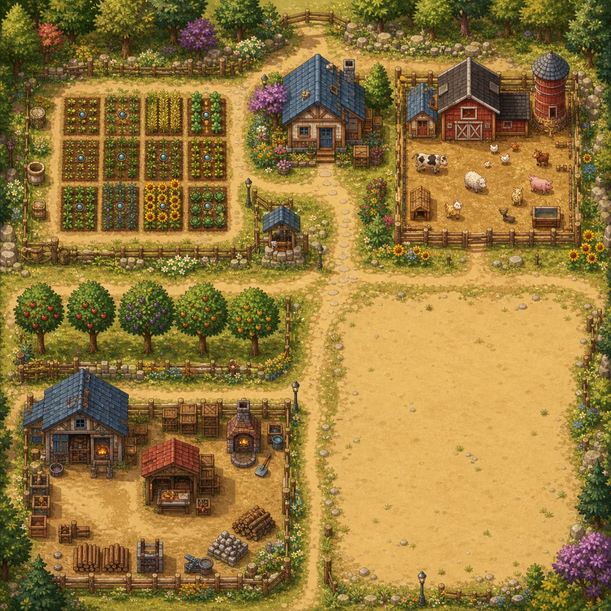Editorial concept illustration of a Stardew Valley farm split into crop, animal, orchard, workshop and open expansion zones