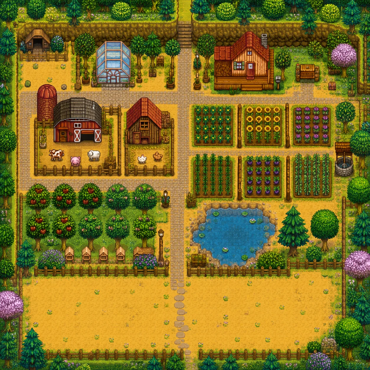 Editorial concept illustration of an organized Stardew Valley farm layout with crops, animals, trees, paths and an expansion area