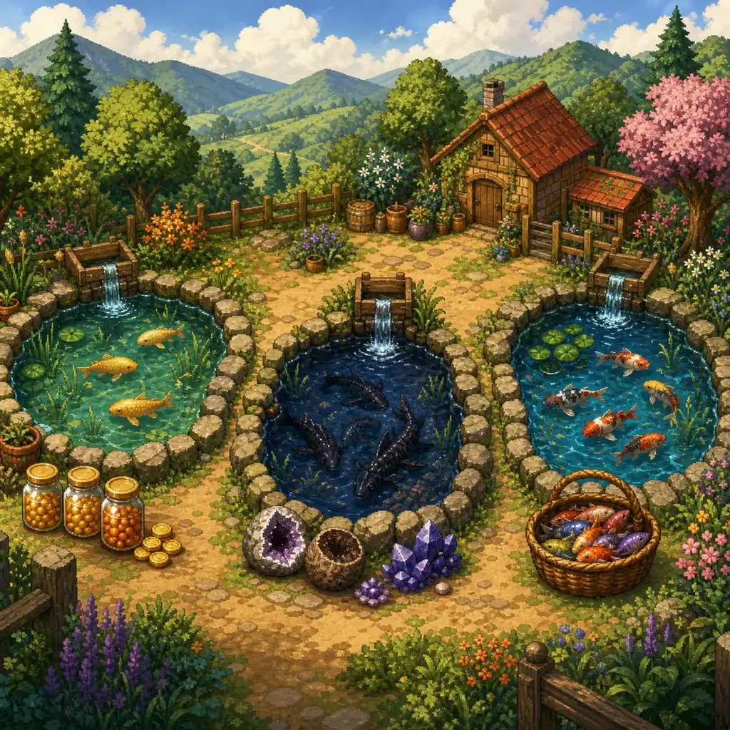 Editorial concept scene comparing three Stardew Valley fish ponds with different fish, jars of Roe and rare reward items