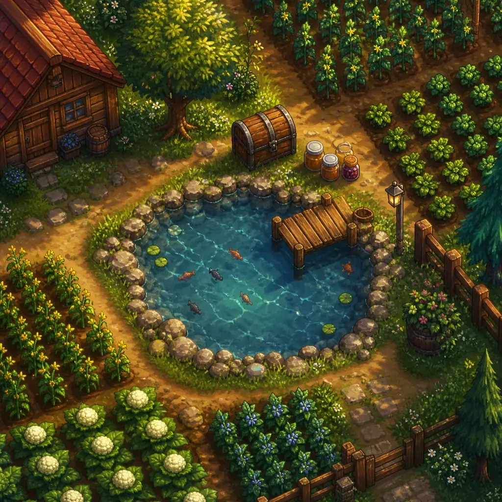 Editorial concept illustration of a Stardew Valley farm fish pond beside crops, a path, a chest and jars of Roe