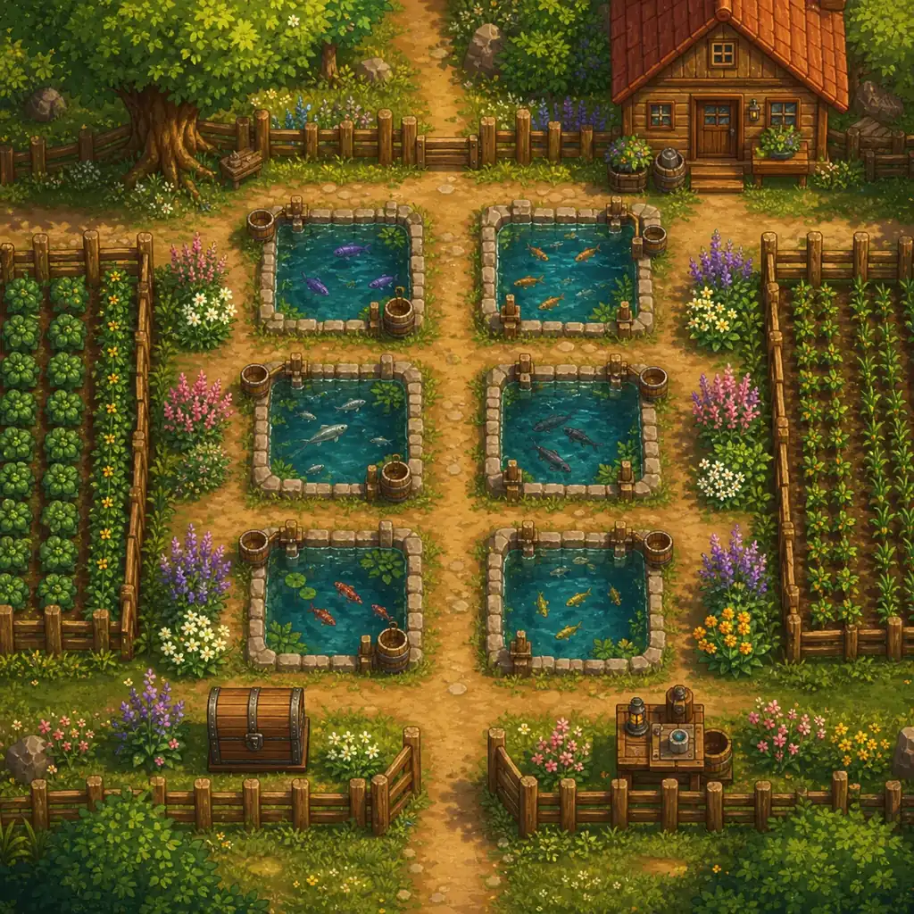 Editorial top-down concept illustration of six fish ponds arranged around clear paths, crops, flowers and a storage chest