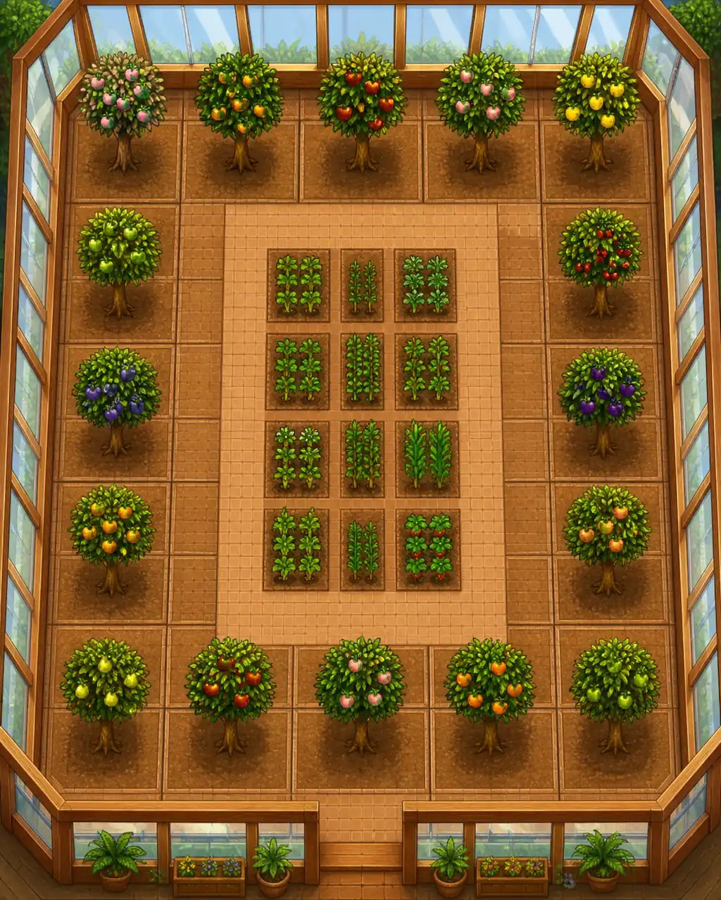 Editorial greenhouse diagram showing fruit trees around the perimeter with clear space and central crop beds