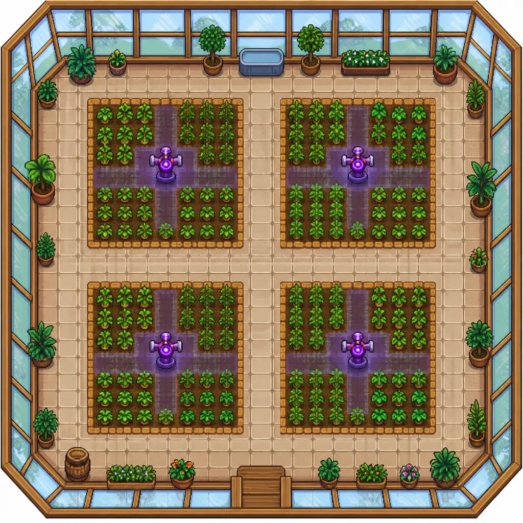 Editorial top-down greenhouse diagram showing four sprinkler coverage blocks and clear walking lanes