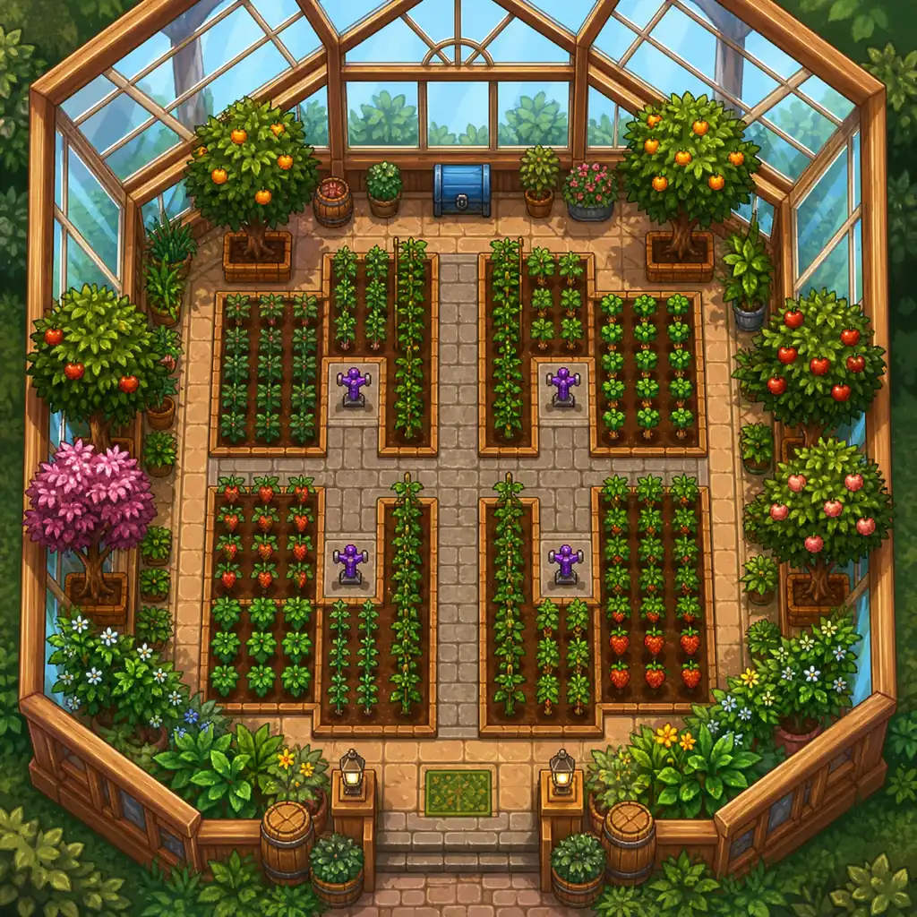 Editorial illustration of a planned Stardew Valley greenhouse layout with crop beds, sprinklers and fruit trees