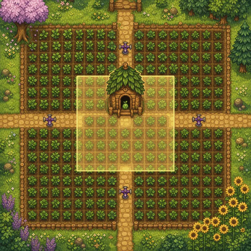 Top-down editorial illustration showing a Junimo Hut and a highlighted harvest area around its doorway