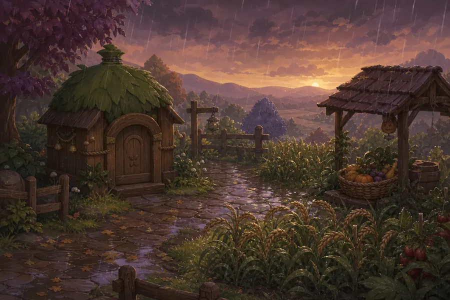 Rainy editorial illustration of a closed Junimo Hut beside mature crops and a sheltered harvest basket