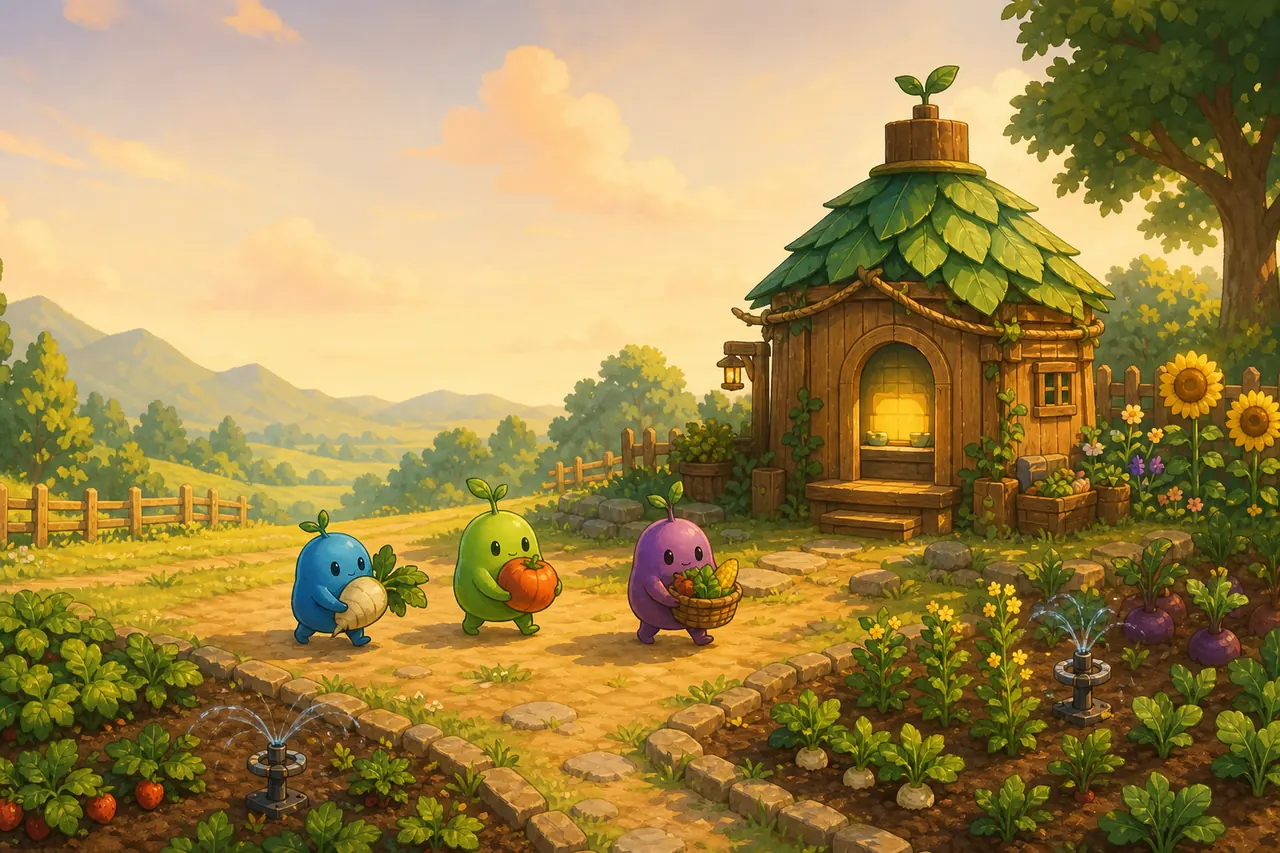 Editorial illustration of a Junimo Hut beside crop fields with three Junimos carrying produce