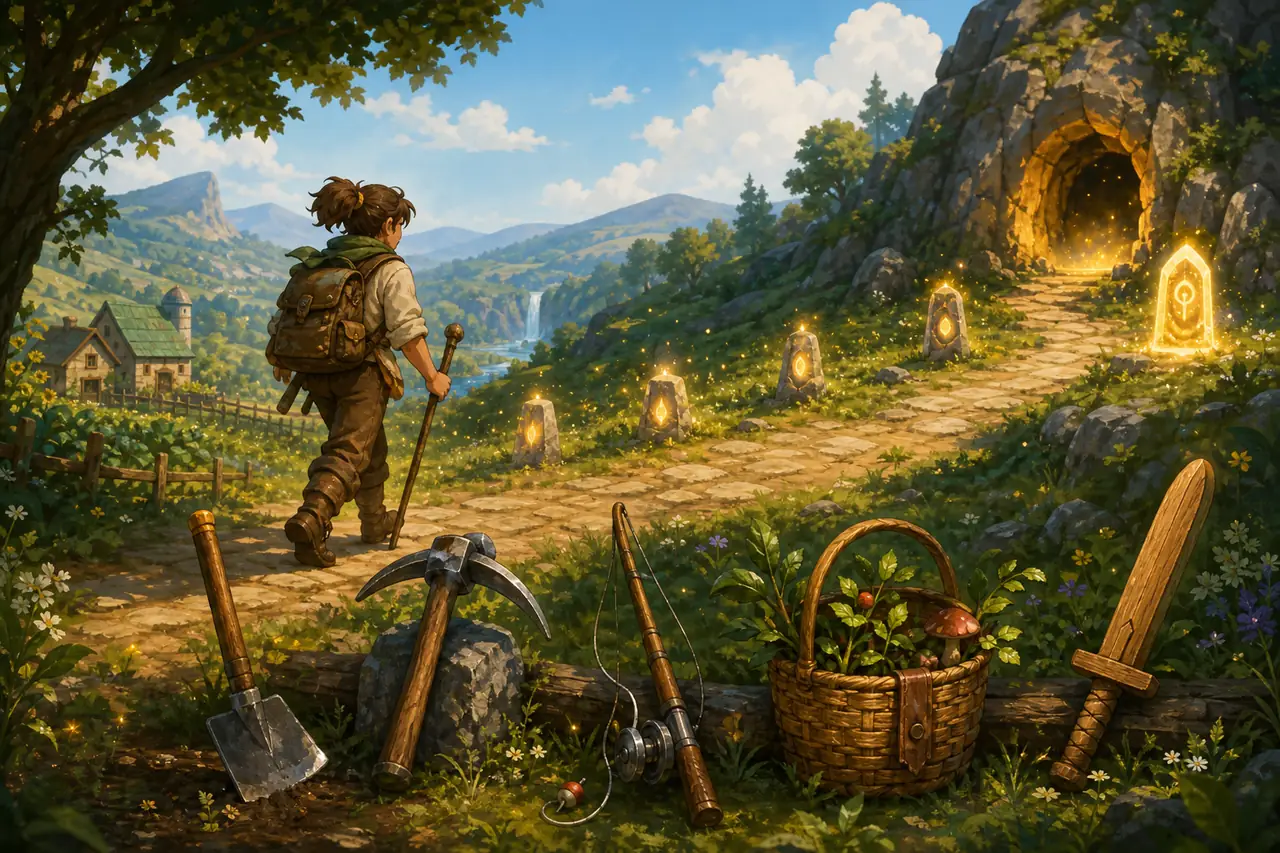 Illustrazione di strumenti diretti verso la Grotta della Maestria