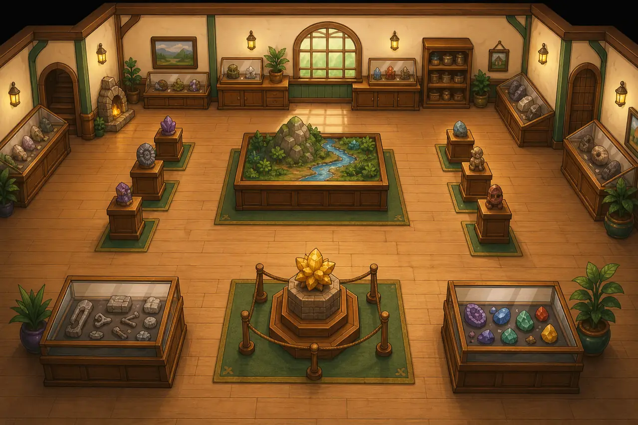 Illustrazione editoriale di un museo Stardew Valley organizzato con minerali e artefatti
