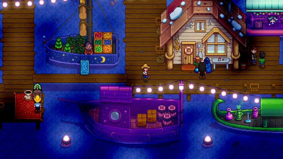 Captura oficial del Mercado Nocturno de Stardew Valley con barcos, vendedores y el jugador